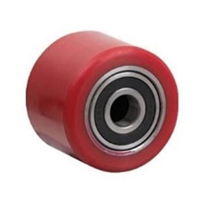 Front roller for pallet truck, 74mm diameter polyurethane wheel, 70mm long, 20mm precision bearing