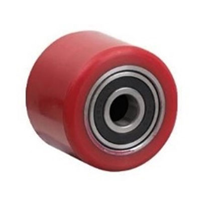 Front roller for pallet truck, 74mm diameter polyurethane wheel, 70mm long, 20mm precision bearing Front roller for pallet truck, 74mm diameter polyurethane wheel, 70mm long, 20mm precision bearing