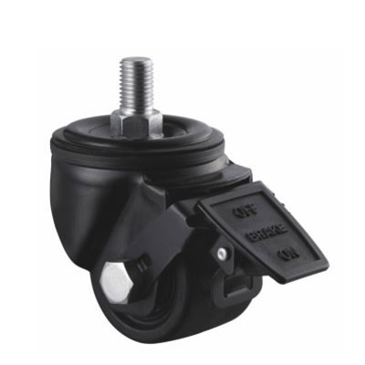 Heavy duty low profile black castor with nylon wheel and swivel bolt hole with brake