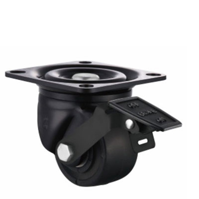 Heavy duty low profile black castors with nylon wheels and swivel plate with brake