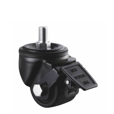Heavy duty low profile black castor with nylon wheel and swivel bolt hole with brake